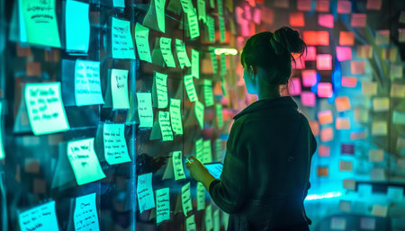 An imaginative customer feedback wall with physical notes and digital comments, glowing with positivityの素材