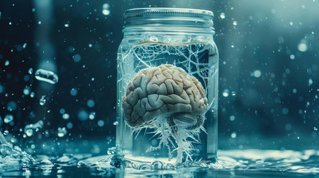An imaginative depiction of a brain floating in a jar of icy liquid, its synapses connecting like frostの素材