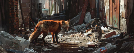 An urban fox and a stray cat cautiously approaching each other over a garbage heap in an alleywayの素材