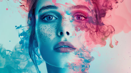 Close-up of a woman's face with blue and pink paint splattered on her face.の素材