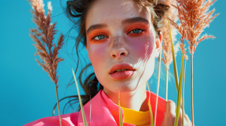 Close-up portrait of a beautiful young woman with bright pink blush and eyeshadow, and wheat stalks in front of her face.の素材