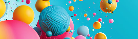 Colorful 3D spheres of various sizes with a blue background.の素材