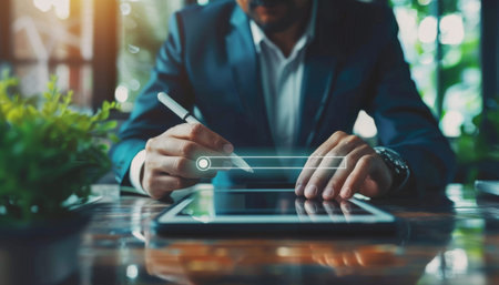 Confident businessman in suit using tablet while sitting at desk in modern office.の素材
