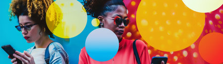 Two young friends using smart phones.の素材