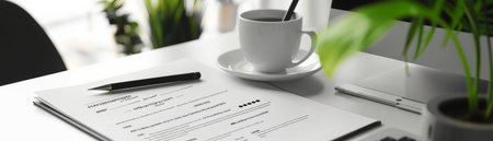 Close-up view of business document and coffee cup on white tableの素材
