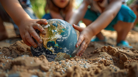 Earth buried in a sandbox, uncovered by children playing as if discovering a new worldの素材