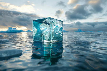 Earth encased in a block of ice, floating in the Arctic seaの素材