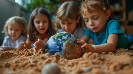 Earth buried in a sandbox, uncovered by children playing as if discovering a new worldの素材