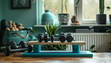 Dumbbells on a balance board. Home workout equipment. Sport and healthy lifestyle concept.の素材