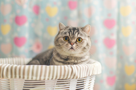Cute cat sitting in a basket, looking up at the camera with big, round eyes. The cat has gray and white fur, and the basket is white. The background is a pink and white polka dot pattern.の素材
