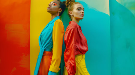 Two young women standing back to back in front of a colorful background. They are both wearing colorful clothing.の素材