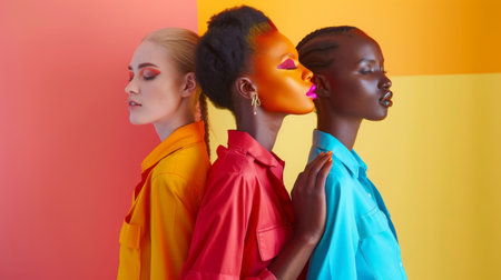 Three women of different ethnicities stand together against a colorful background. The woman on the left is wearing a red shirt, the woman in the middle is wearing a yellow shirt, and the woman on the right is wearing a blue shirt. The women are all looking in the same direction. The image is a symbol of unity and diversity.の素材