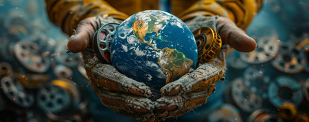 Earth in the grasp of hands made of old film reels, celebrating the history of cinemaの素材