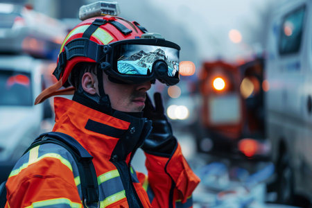 Firefighter wearing protective gear and using radio communication device at the scene of a fireの素材