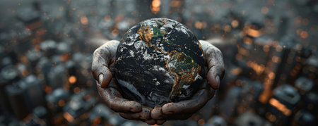 Earth in the clasp of hands made of urban concrete and steel, symbolizing urbanizationの素材