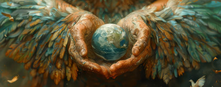 Feathered hands from a mythical bird gently holding the Earth, symbolizing freedom and elevationの素材