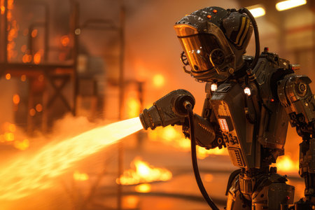 Firefighting robot put out fire with ognetushitel' in industrial buildingの素材