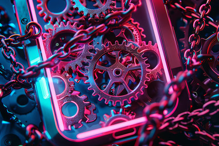 Gears rotating within a neoncolored smartphone screen, with chains locking the device into placeの素材