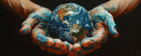 Glossy ceramic hands holding the Earth, emphasizing art and cultureの素材