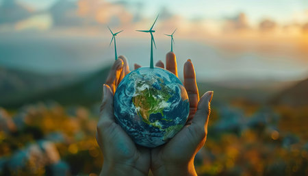 Hands made of wind turbines and solar panels supporting the Earth, advocating renewable energyの素材