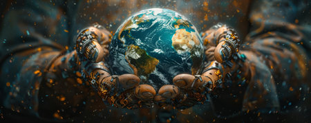 Hands composed of automotive parts holding the Earth, highlighting industrial impact and transportationの素材