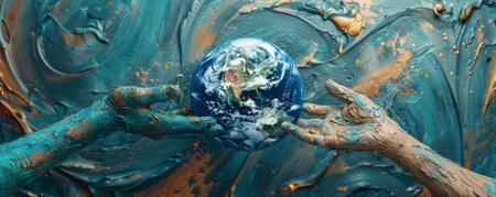Hands made of clay molding the Earth, discussing creation, innovation, and adaptationの素材