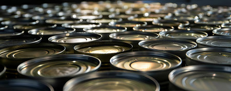 Highpolish tin cans arranged in a grid pattern, the metallic surfaces glinting under bright lightingの素材