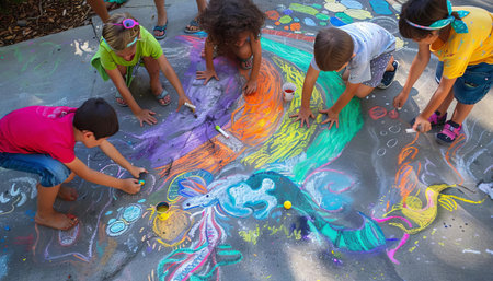 Kids drawing a fantasy world on the driveway with chalk, where rainbow bridges and flying dragons coexistの素材