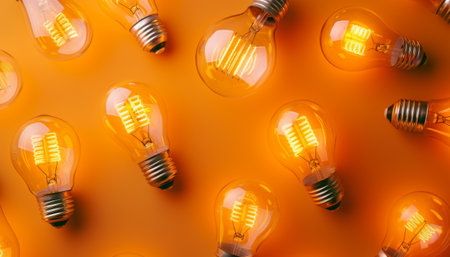 Idea, innovation and creativity concept with glowing light bulbs on orange background.の素材