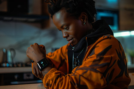 Image description: A young woman with short dreadlocks is looking at her smartwatch. She is wearing an orange jacket and a black shirt. The background is blurry, with a kitchen counter and a refrigerator in the distance.の素材