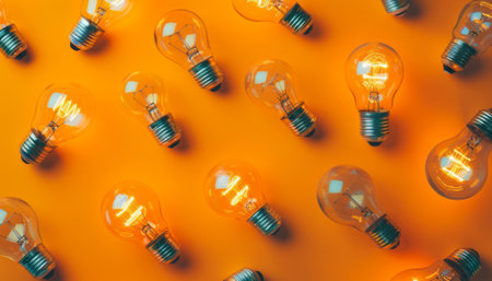 Idea light bulbs on orange background.の素材