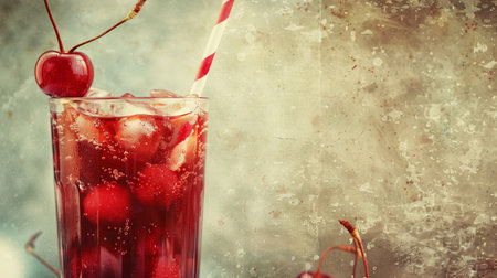 Refreshing cherry soda drink with ice cubes and straw.の素材