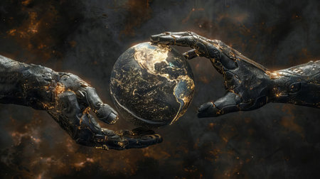 Magnetic hands attracting a metallic Earth, illustrating the magnetic forces of our planetの素材