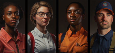 People of different ethnicities wearing uniforms and looking serious.の素材