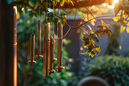 Metallic wind chimes hanging in a gentle breeze, reflecting sunlight onto nearby surfacesの素材
