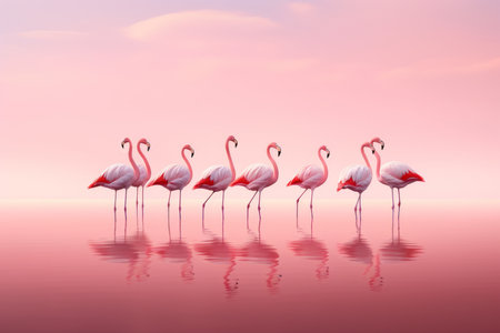 pink flamingos standing in a pink lake at sunsetの素材