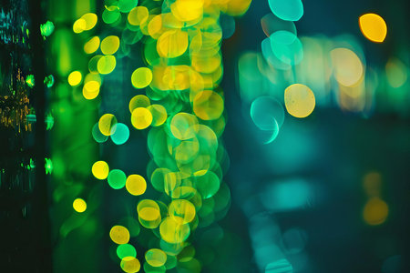 Neon green and yellow bokeh lights, capturing an urban, modern feel with subtle glowの素材