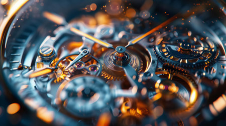 Macro shot of a watch interior with tiny gears and electric impulses powering the movementの素材