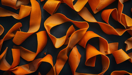 Orange wavy slices of carrots on a black background.の素材