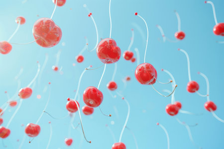 Red cherry fruits floating in the blue skyの素材