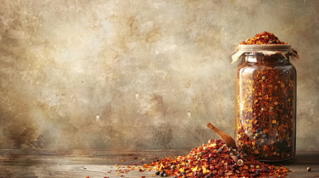 Red pepper flakes in a glass jar with a wooden spoon on a wooden table.の素材