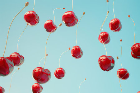 Red cherries with water drops falling down on blue background.の素材
