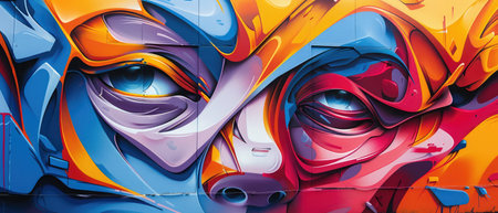 Murals of colorful abstract faces with bright colors and a splash of purple.の素材