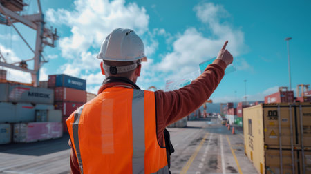 Port worker wearing hard hat and safety vest while inspecting cargo containers.の素材