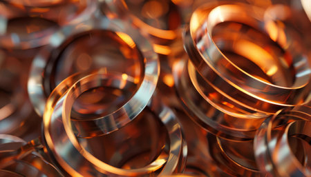 Shimmering copper coils stacked in intricate loops, reflecting a warm glowの素材