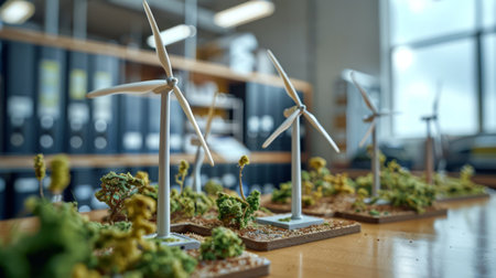 Small wind turbines models on the table. Concept of alternative energy sources and green technologies.の素材