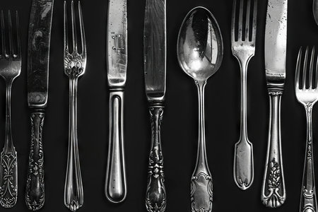Silver cutlery laid out on a black surface, each piece reflecting its pristine surroundingsの素材