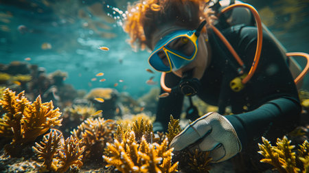 Scuba diver explores the underwater world full of vibrant coral reefs and exotic fishes.の素材