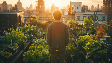 The image shows a person standing on a rooftop garden, looking out at the city. The sun is setting, and the city is bathed in a warm glow. The rooftop garden is full of lush plants and flowers, and it is clear that the person has put a lot of effort into creating a beautiful and inviting space.の素材