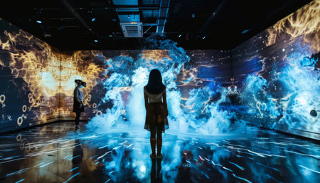 The image shows a woman standing in a room with a blue and purple light. She is looking at a painting of a wave. The image is very calming and peaceful.の素材